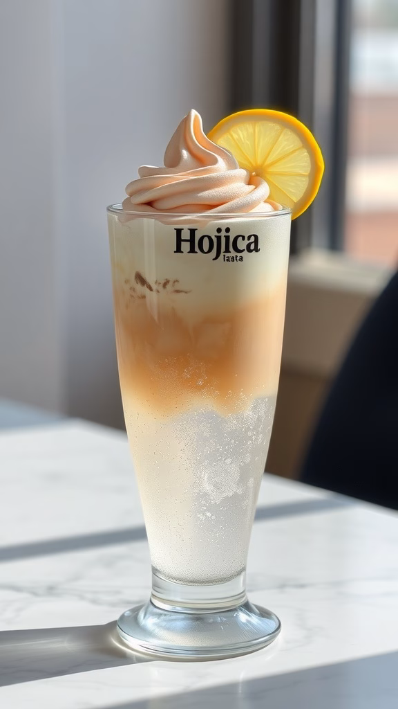 Hojicha ice cream float served in a glass with sparkling water and lemon slice