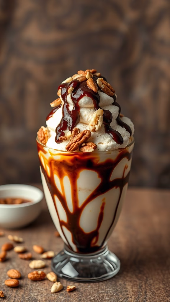 A delicious hojicha ice cream sundae topped with nuts, chocolate syrup, and caramel.
