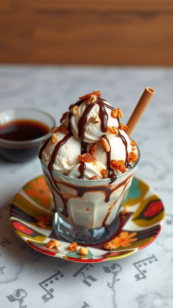 Hojicha ice cream sundae garnished with toasted nuts and chocolate sauce.