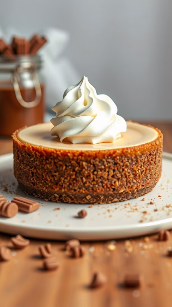 A creamy hojicha latte cheesecake with a graham cracker crust topped with whipped cream.