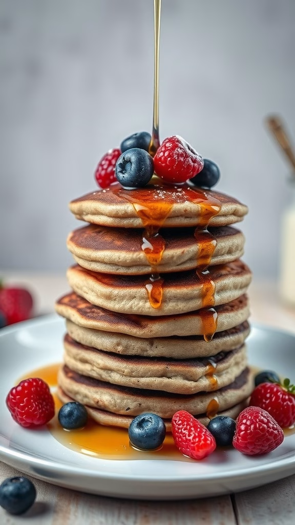 Stacked hojicha pancakes topped with berries and maple syrup