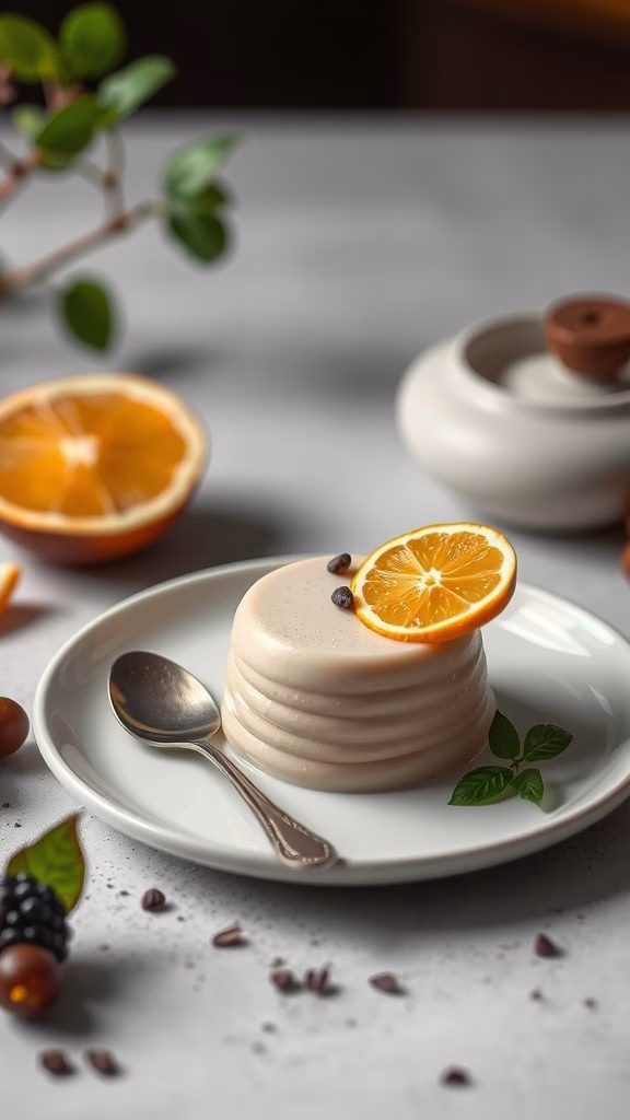 Hojicha panna cotta with citrus zest on a plate