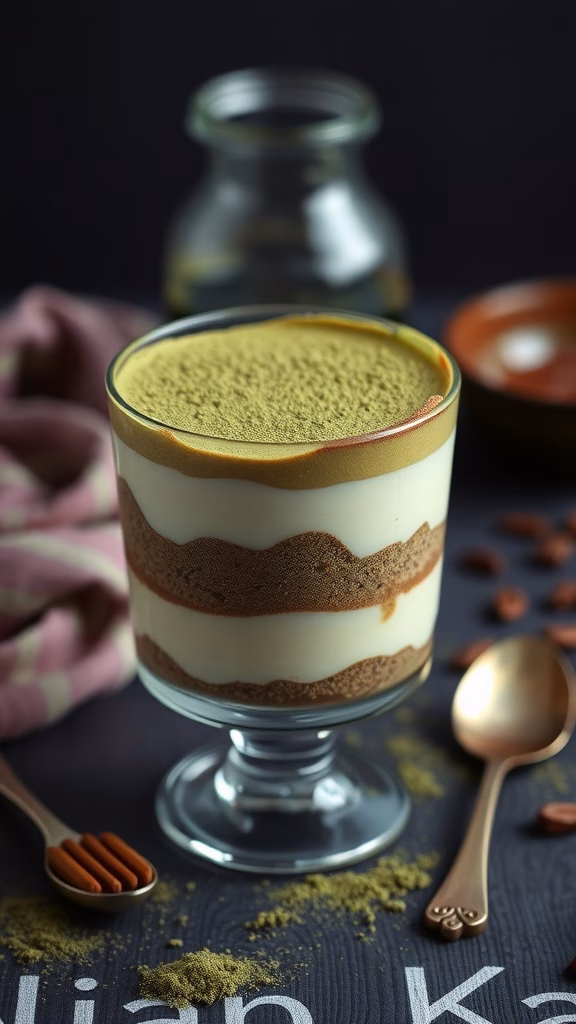 A dessert glass of Hojicha Tiramisu dusted with matcha powder.