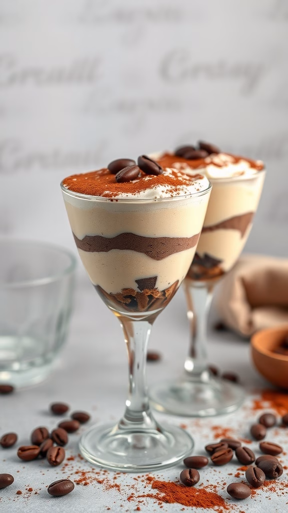 Elegant glasses filled with homemade tiramisu, topped with cocoa powder and coffee beans.