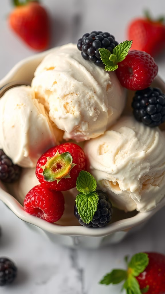 A bowl of homemade vanilla bean ice cream topped with fresh berries and mint leaves.