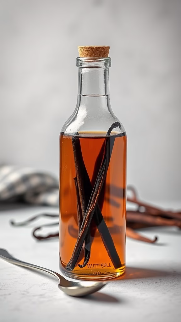 A bottle of homemade vanilla bean syrup with vanilla beans inside.