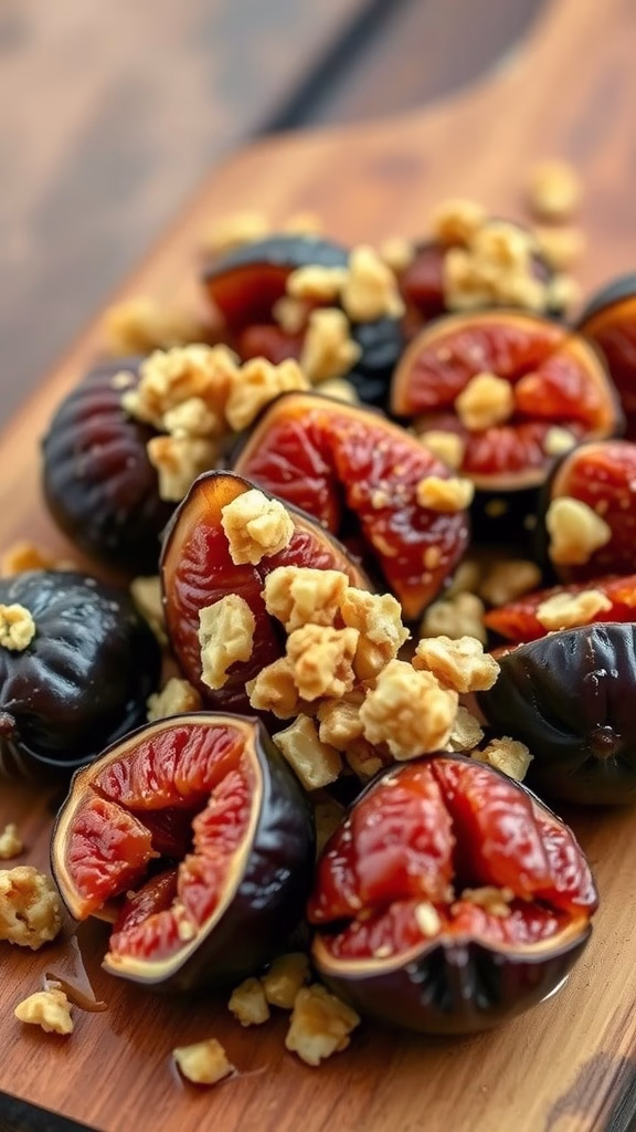 Honey-glazed dried figs with walnuts on a wooden platter