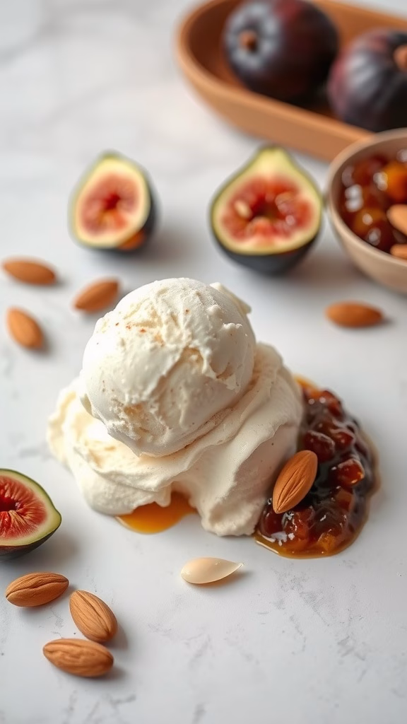 A serving of honey almond ice cream topped with fig compote and almonds.