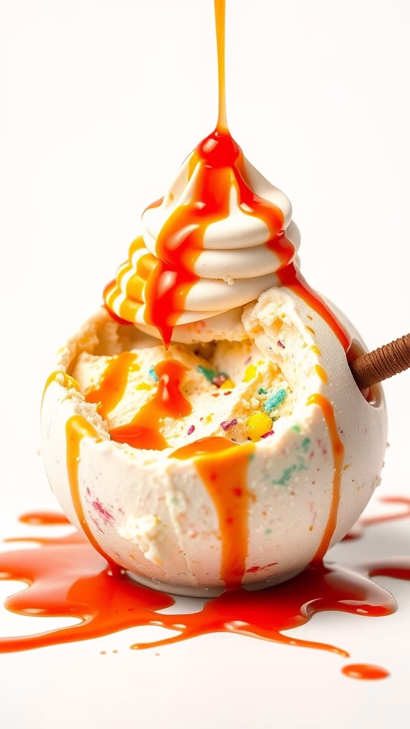 Ice cream bomb dessert with hot sauce drizzle