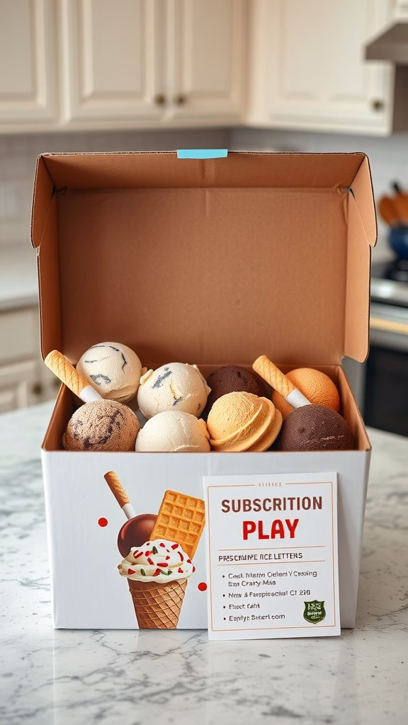 A subscription box filled with various ice cream scoops and a note titled 'SUBSCRIPTION PLAY'.