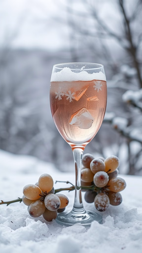 A glass of ice wine surrounded by frozen grapes in a snowy setting.
