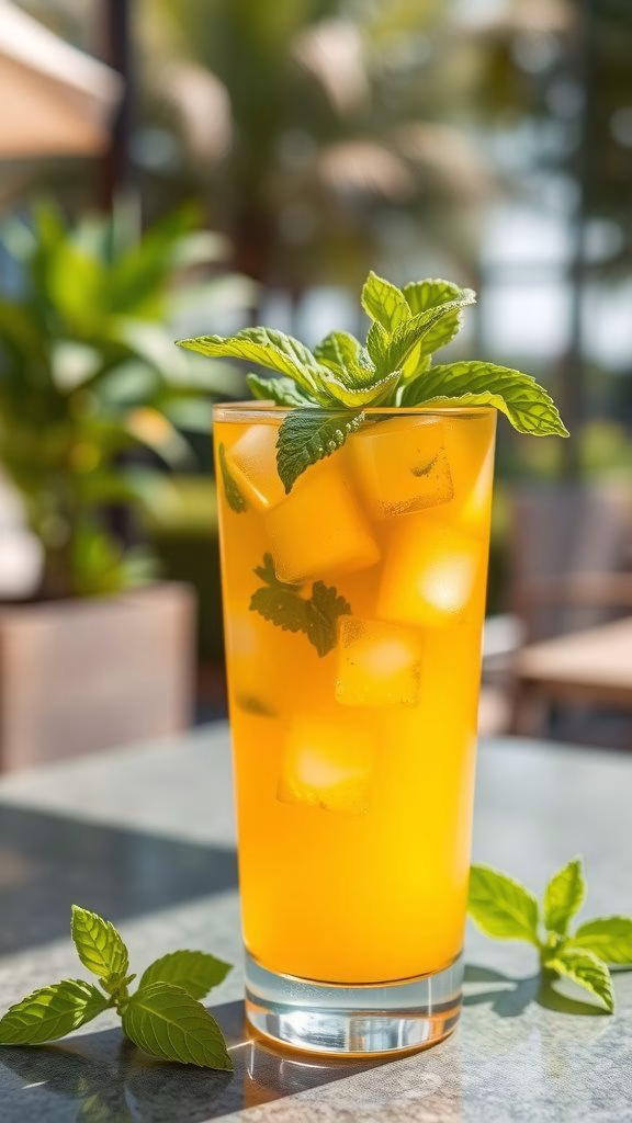 A refreshing glass of iced mango green tea with mint, garnished with fresh mint leaves.