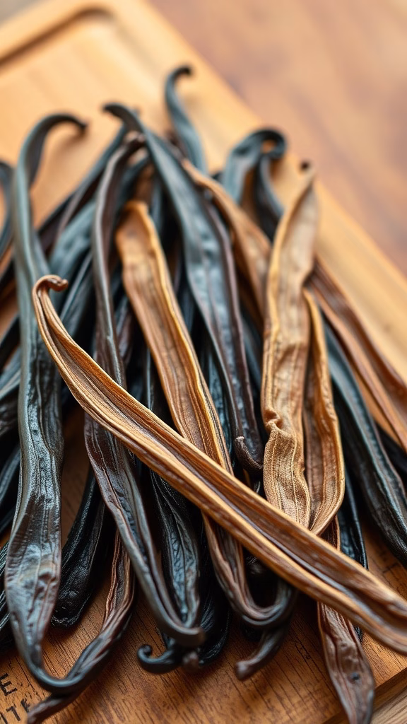 A collection of high-quality vanilla beans displayed on a wooden surface.
