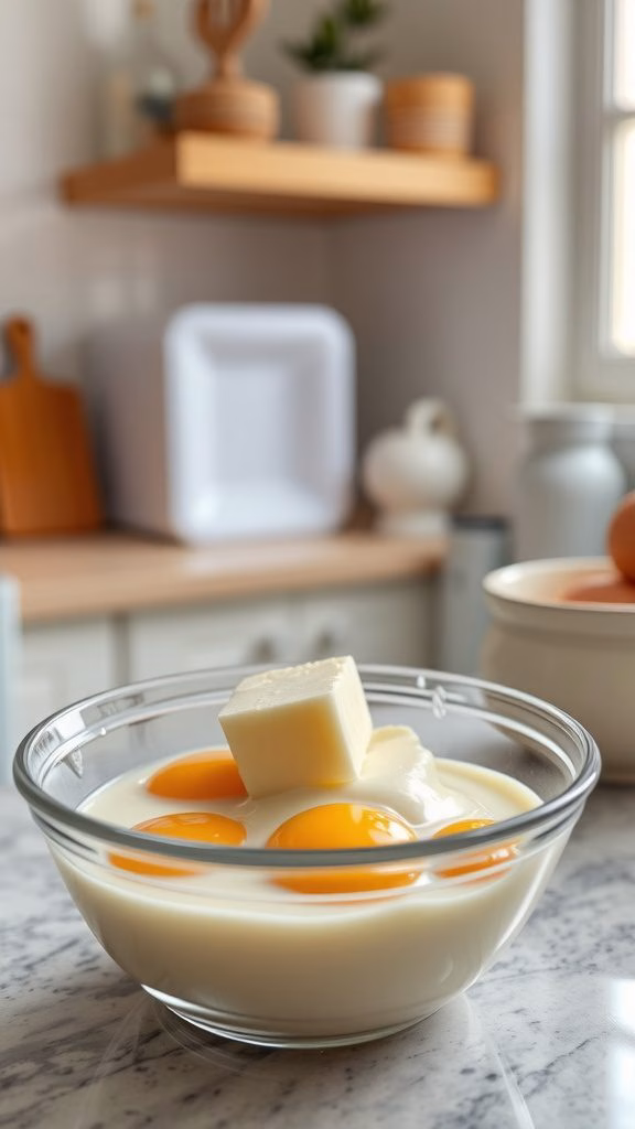 Ingredients for baking a fluffy cake - eggs, milk, and butter on a marble countertop.