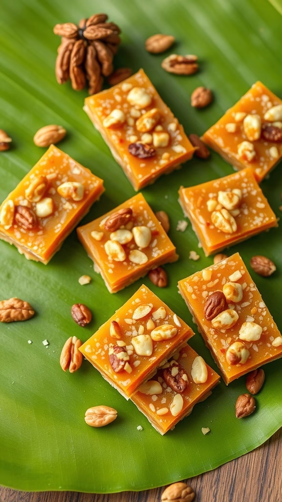 A plate of Indian caramel chikki bars topped with nuts, sitting on a banana leaf.