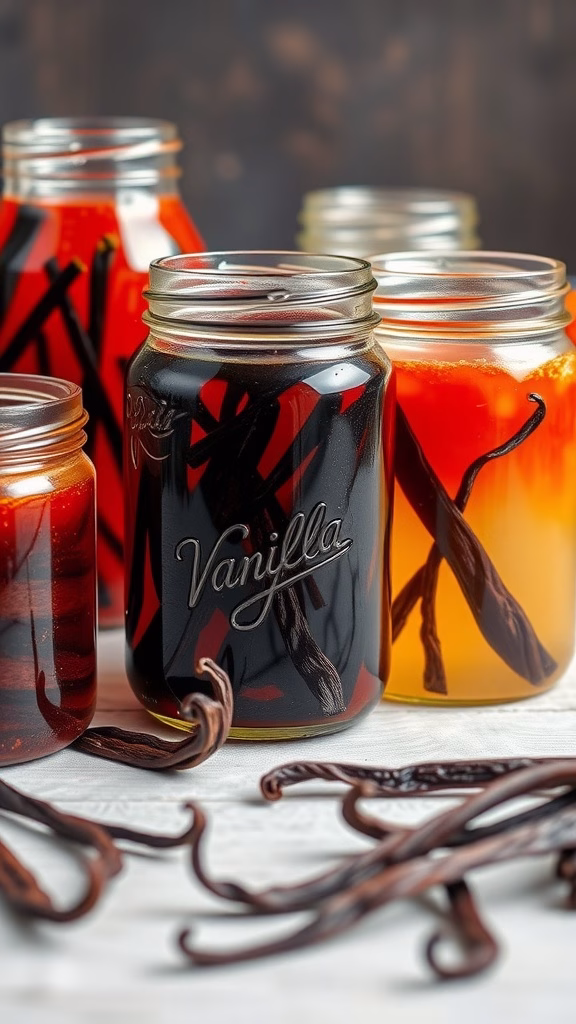 Jars filled with liquids infused with vanilla beans, showcasing the essence of vanilla in various flavors.