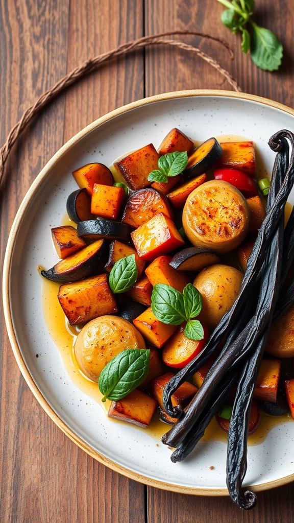 A plate of roasted vegetables infused with vanilla beans, garnished with mint leaves.