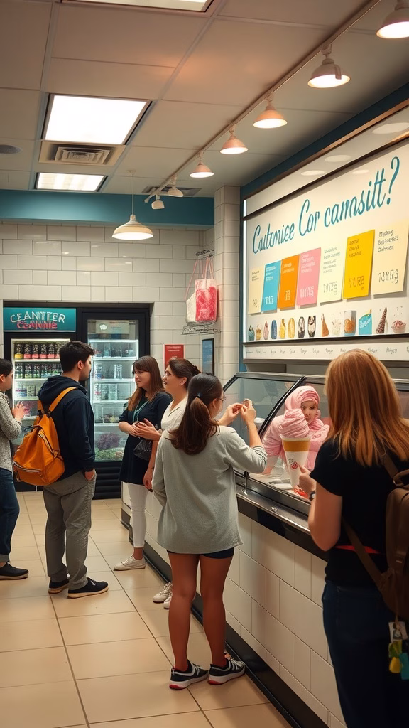 Customers at an ice cream shop engaging with flavor customization options at the counter.