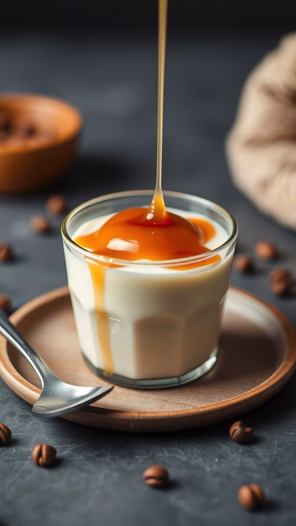 A glass of caramel panna cotta topped with a drizzle of caramel sauce, surrounded by coffee beans
