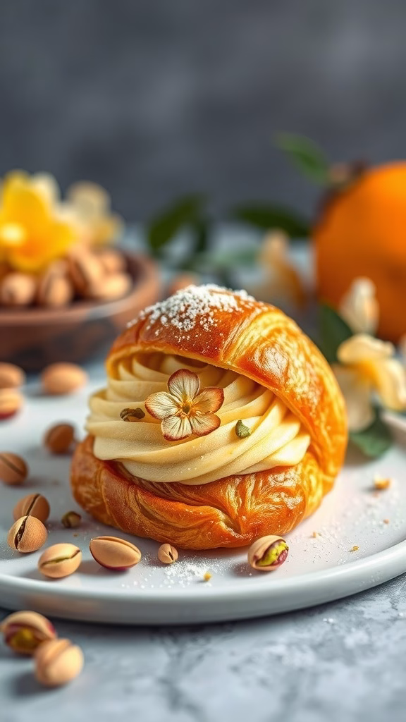 A delicious Italian Pistachio and Orange Blossom Croissant decorated with pistachios and a dusting of powdered sugar.