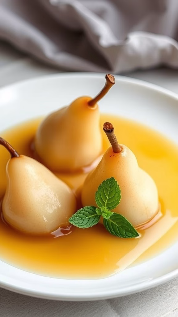 Jasmine tea poached pears served on a plate with a mint garnish.