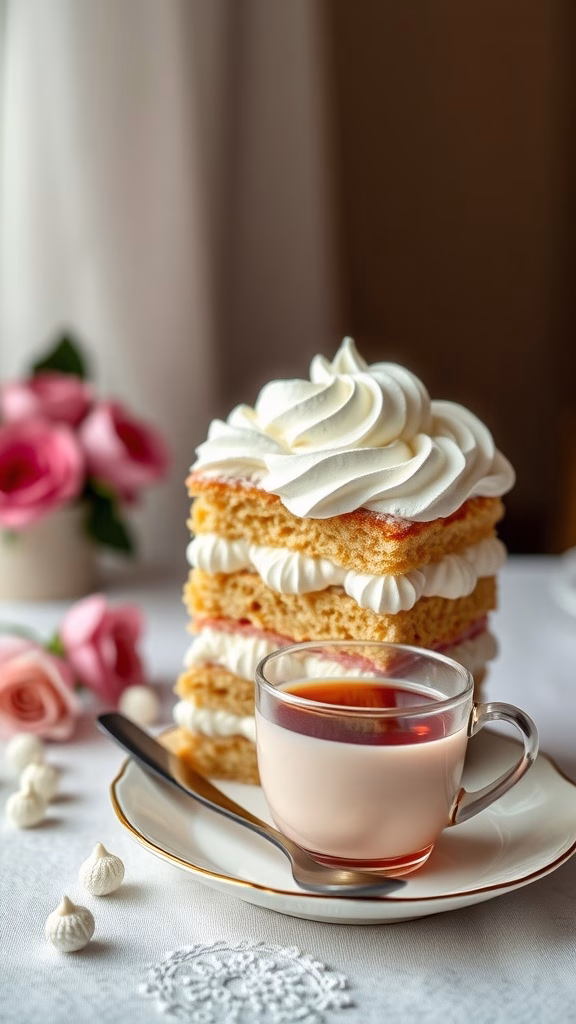 Kardinalschnitten, an Austrian meringue cake with layers of sponge cake and cream, served with a cup of tea.