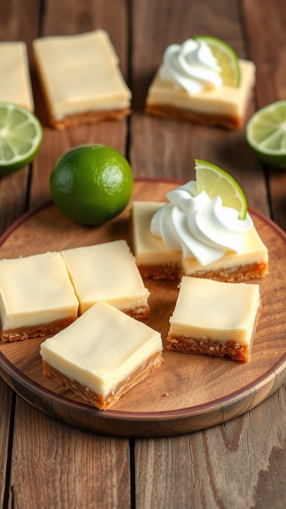 Delicious key lime pie bars on a wooden platter with lime slices and whipped cream.