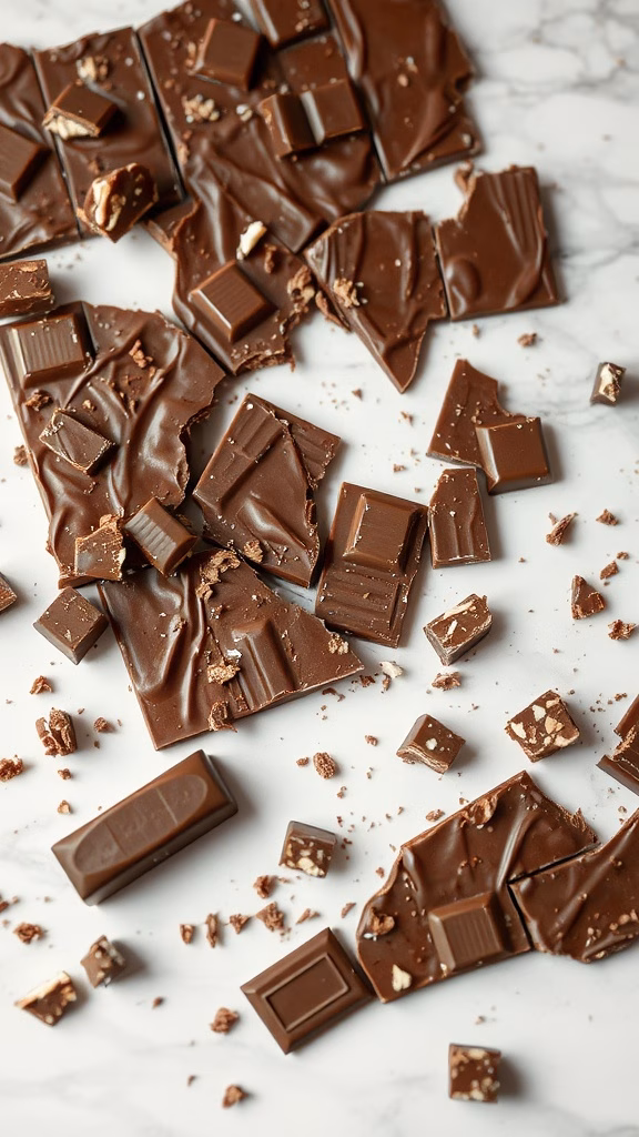 A close-up shot of broken Kit Kat chocolate bark on a marble surface.