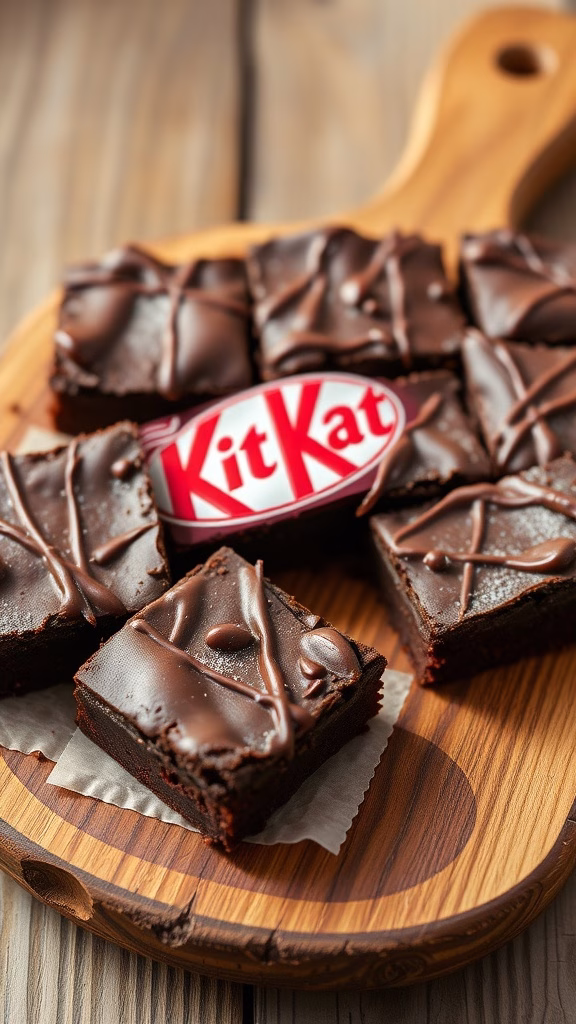 Delicious Kit Kat brownies on a wooden platter