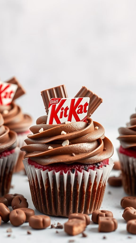 Delicious chocolate cupcakes topped with chocolate frosting and Kit Kat pieces.