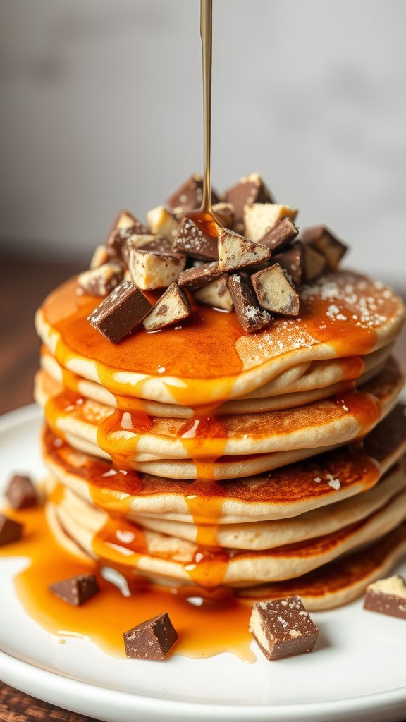 Delicious stack of pancakes topped with Kit Kat pieces and syrup