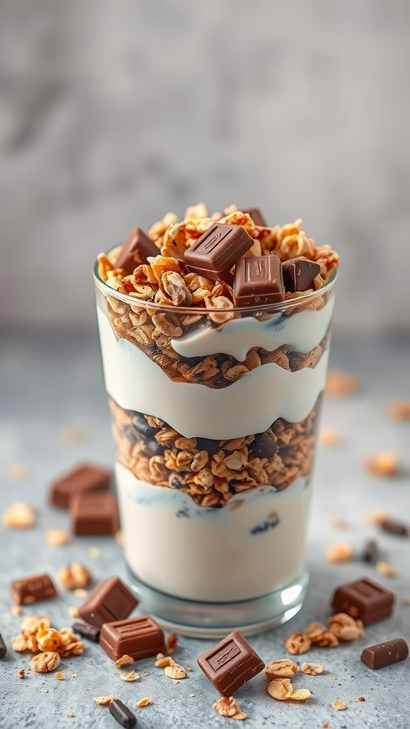 A delicious Kit Kat parfait layered with yogurt, granola, and chocolate.