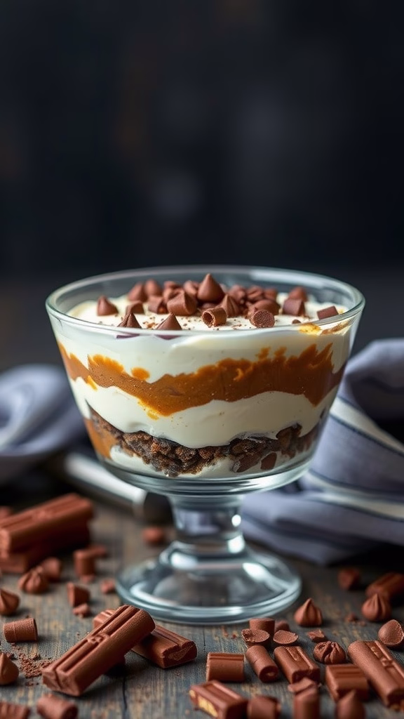 A delicious Kit Kat Tiramisu dessert served in a glass, featuring layers of coffee, mascarpone cream, and chopped Kit Kat bars.