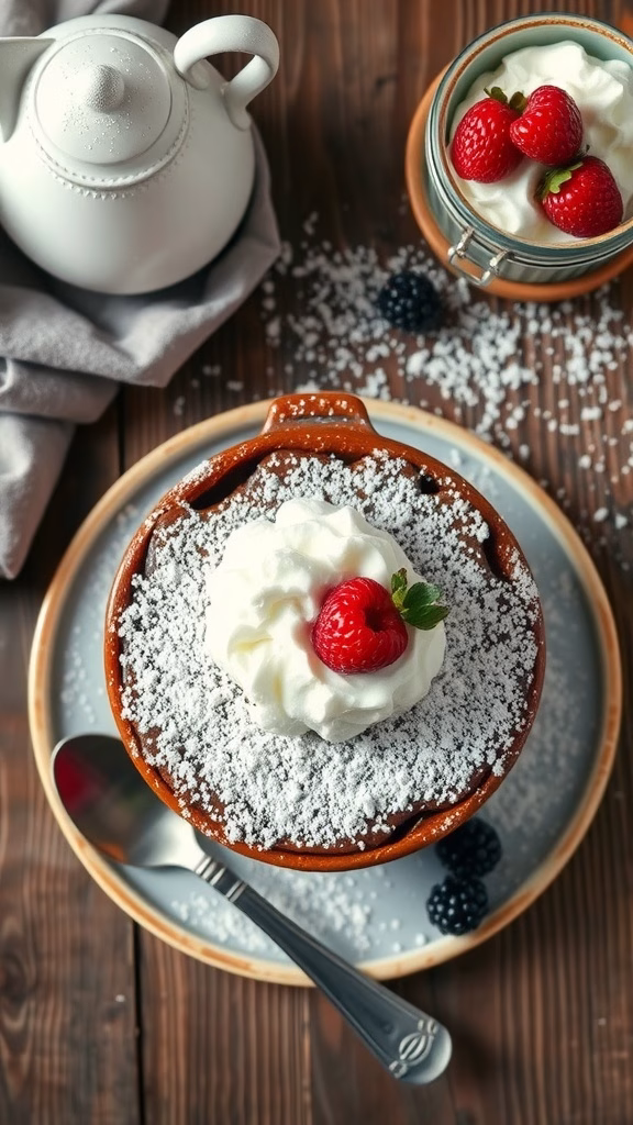 Delicious sticky chocolate cake topped with whipped cream and berries.