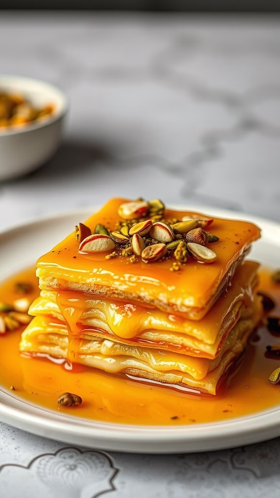 Knafeh dessert with layers of cheese and syrup