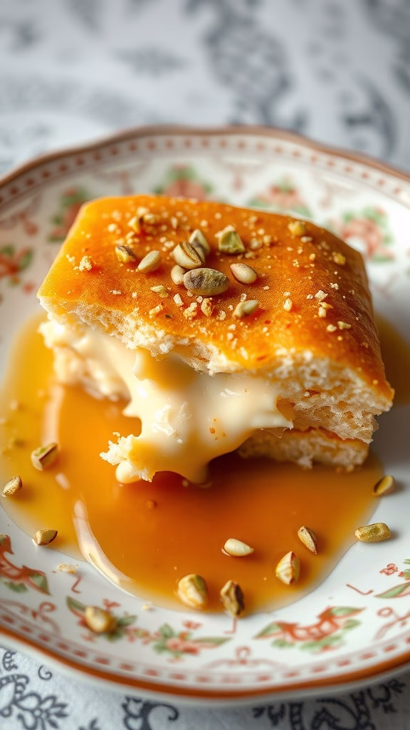 A delicious serving of Knafeh with Nabulsi cheese, garnished with pistachios and syrup.