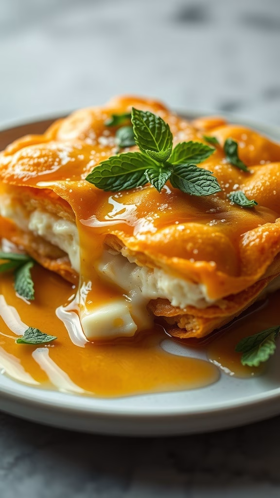 A delicious serving of Kunafa with cheese filling, garnished with mint leaves.