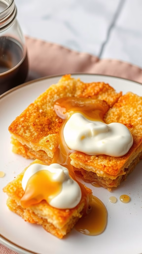 A delicious piece of kunafa with cream filling topped with syrup and cream.