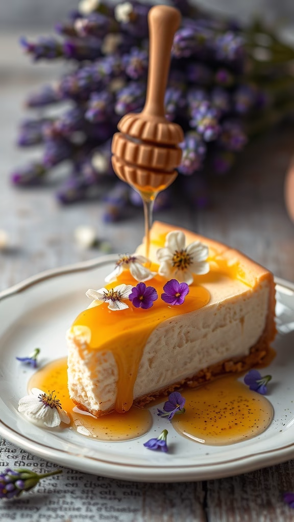 Slice of lavender honey cheesecake adorned with flowers and honey drizzle