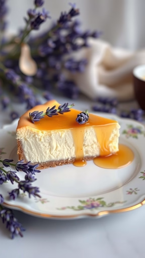 A slice of lavender honey cheesecake topped with a drizzle of honey and garnished with lavender flowers.