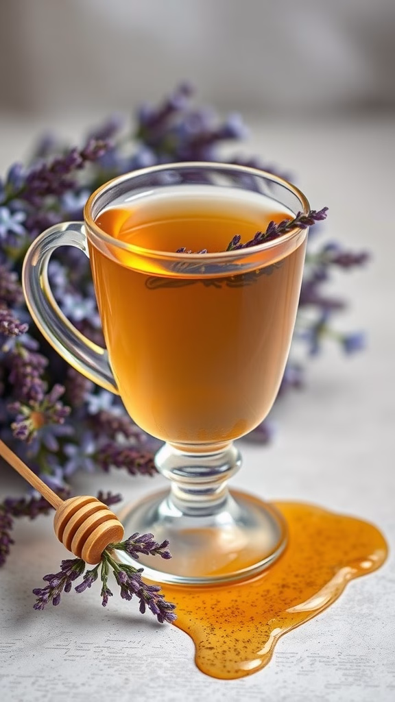 A cup of lavender honey tea with a honey dipper and lavender flowers