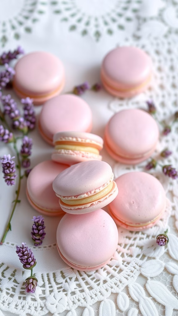 Lavender Honey Macarons arranged beautifully on a lace doily