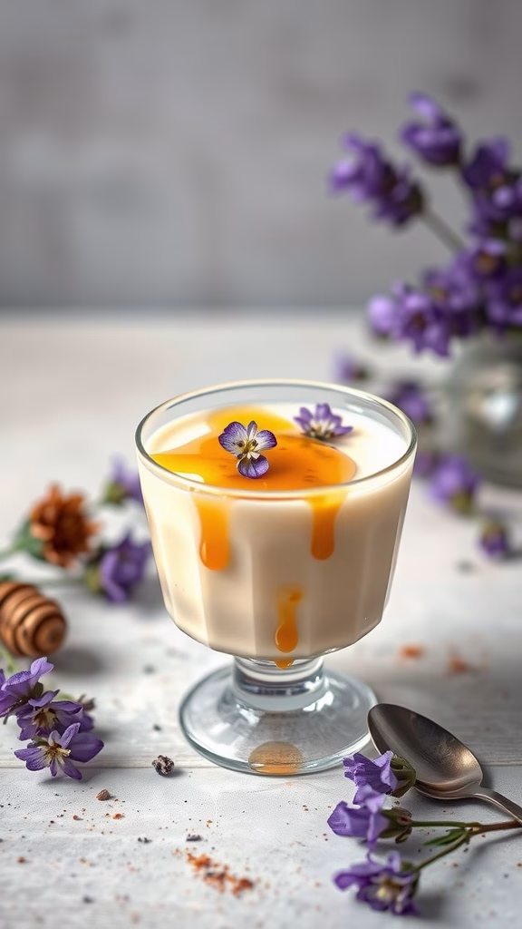 A glass of lavender honey panna cotta topped with honey and edible flowers, surrounded by fresh lavender.