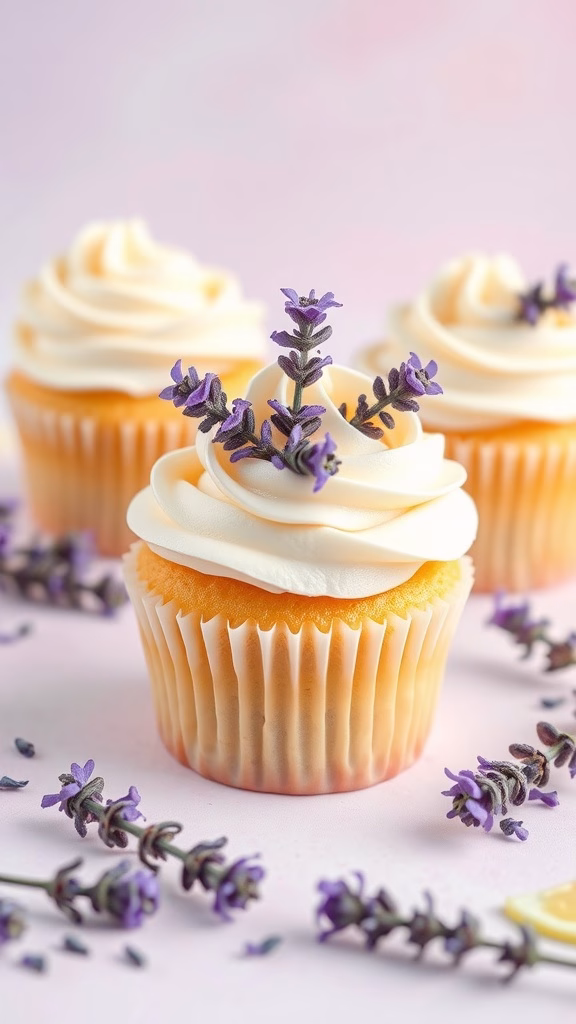 Lavender lemonade cupcakes decorated with lavender sprigs