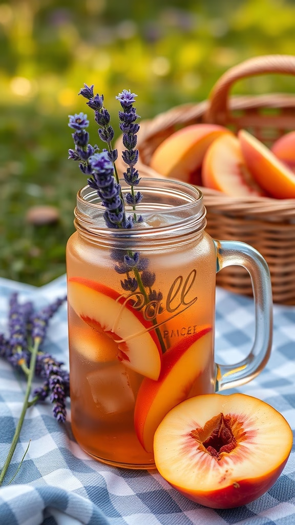 A refreshing glass of Lavender Peach Iced Tea with peach slices and lavender sprigs