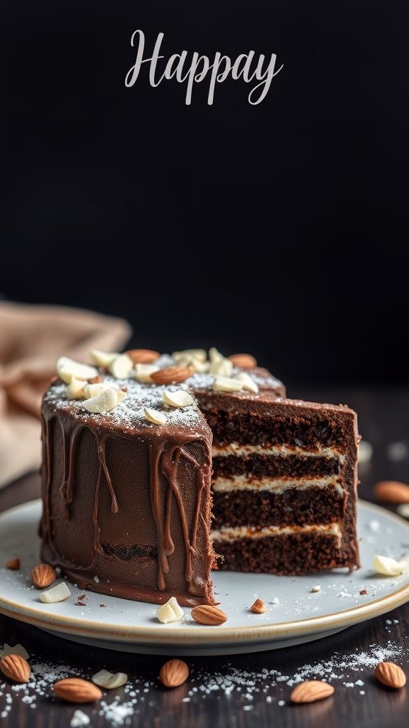 A beautiful layered chocolate cake topped with white chocolate shavings and almonds.