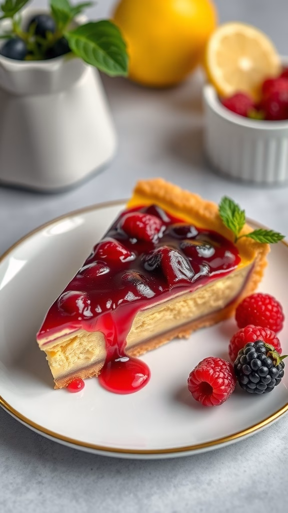 A slice of layered calamansi pie topped with berry compote, served on a plate with fresh berries.