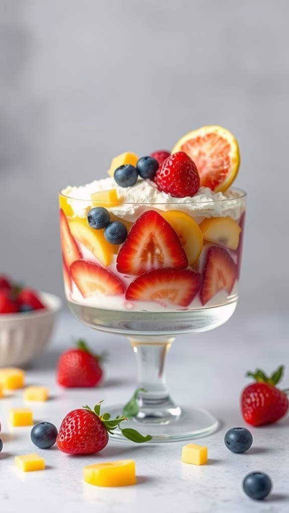 A colorful layered fruit gelatin dessert in a clear glass, topped with whipped cream and fresh fruits.