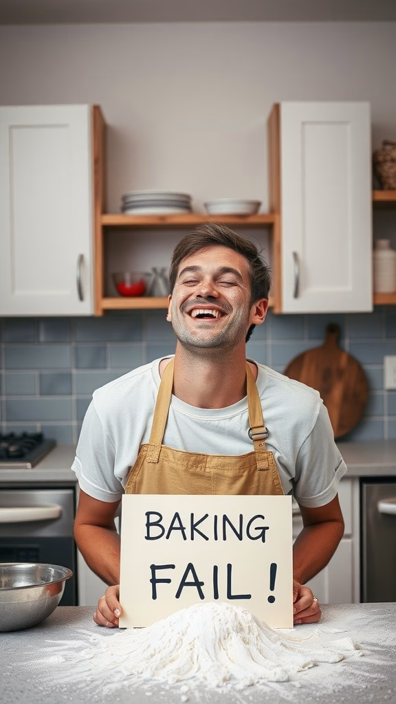 A smiling baker holding a sign that says 'BAKING FAIL!' in a kitchen covered in flour