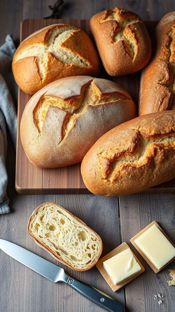 Freshly baked loaves of bread on a wooden board with a slice cut out, showcasing its soft texture and crust.